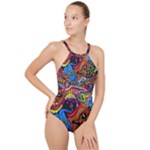 Psychedelic Trippy Hippie  Weird Art High Neck One Piece Swimsuit