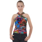 Psychedelic Trippy Hippie  Weird Art Cross Neck Velour Top