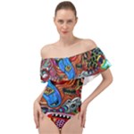 Psychedelic Trippy Hippie  Weird Art Off Shoulder Velour Bodysuit 