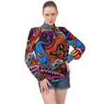 Psychedelic Trippy Hippie  Weird Art High Neck Long Sleeve Chiffon Top