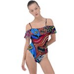 Psychedelic Trippy Hippie  Weird Art Frill Detail One Piece Swimsuit