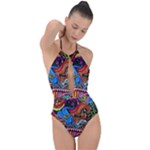 Psychedelic Trippy Hippie  Weird Art Plunge Cut Halter Swimsuit