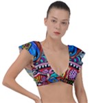 Psychedelic Trippy Hippie  Weird Art Plunge Frill Sleeve Bikini Top