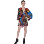Psychedelic Trippy Hippie  Weird Art V-Neck Flare Sleeve Mini Dress