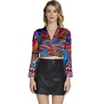 Psychedelic Trippy Hippie  Weird Art Long Sleeve Tie Back Satin Wrap Top
