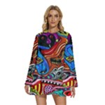 Psychedelic Trippy Hippie  Weird Art Round Neck Long Sleeve Bohemian Style Chiffon Mini Dress