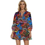 Psychedelic Trippy Hippie  Weird Art V-Neck Placket Mini Dress