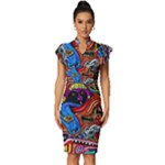 Psychedelic Trippy Hippie  Weird Art Vintage Frill Sleeve V-Neck Bodycon Dress