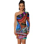 Psychedelic Trippy Hippie  Weird Art Long Sleeve One Shoulder Mini Dress