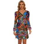 Psychedelic Trippy Hippie  Weird Art Long Sleeve Waist Tie Ruffle Velvet Dress