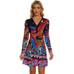 Psychedelic Trippy Hippie  Weird Art Long Sleeve Deep V Mini Dress 
