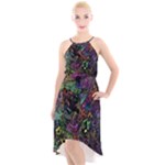 Trippy Dark Psychedelic High-Low Halter Chiffon Dress 