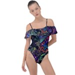 Trippy Dark Psychedelic Frill Detail One Piece Swimsuit