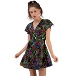 Trippy Dark Psychedelic Flutter Sleeve Wrap Dress
