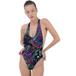 Trippy Dark Psychedelic Backless Halter One Piece Swimsuit
