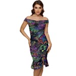 Trippy Dark Psychedelic Off Shoulder Ruffle Split Hem Bodycon Dress