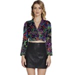 Trippy Dark Psychedelic Long Sleeve Tie Back Satin Wrap Top