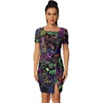 Trippy Dark Psychedelic Fitted Knot Split End Bodycon Dress