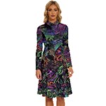 Trippy Dark Psychedelic Long Sleeve Shirt Collar A-Line Dress