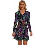 Trippy Dark Psychedelic Long Sleeve Deep V Mini Dress 