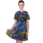 Psychedelic Landscape Short Sleeve Shoulder Cut Out Dress 