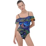 Psychedelic Landscape Frill Detail One Piece Swimsuit