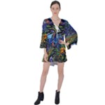 Psychedelic Landscape V-Neck Flare Sleeve Mini Dress