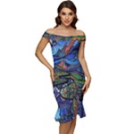 Psychedelic Landscape Off Shoulder Ruffle Split Hem Bodycon Dress