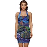 Psychedelic Landscape Sleeveless Wide Square Neckline Ruched Bodycon Dress