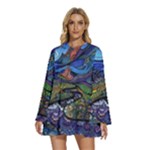 Psychedelic Landscape Round Neck Long Sleeve Bohemian Style Chiffon Mini Dress