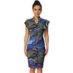 Psychedelic Landscape Vintage Frill Sleeve V-Neck Bodycon Dress