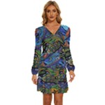 Psychedelic Landscape Long Sleeve Waist Tie Ruffle Velvet Dress
