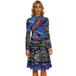 Psychedelic Landscape Long Sleeve Shirt Collar A-Line Dress