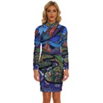 Psychedelic Landscape Long Sleeve Shirt Collar Bodycon Dress