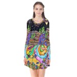 Nature Moon Psychedelic Painting Long Sleeve V-neck Flare Dress