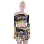 Nature Moon Psychedelic Painting Off Shoulder Top with Mini Skirt Set