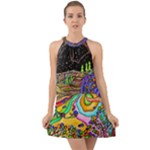 Nature Moon Psychedelic Painting Halter Tie Back Chiffon Dress