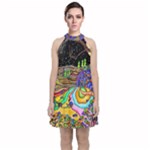 Nature Moon Psychedelic Painting Velvet Halter Neckline Dress 