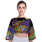 Nature Moon Psychedelic Painting Tie Back Butterfly Sleeve Chiffon Top