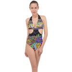 Nature Moon Psychedelic Painting Halter Front Plunge Swimsuit
