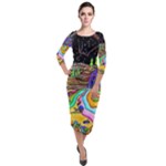 Nature Moon Psychedelic Painting Quarter Sleeve Midi Velour Bodycon Dress
