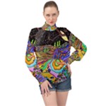 Nature Moon Psychedelic Painting High Neck Long Sleeve Chiffon Top