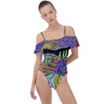 Nature Moon Psychedelic Painting Frill Detail One Piece Swimsuit