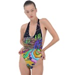 Nature Moon Psychedelic Painting Backless Halter One Piece Swimsuit