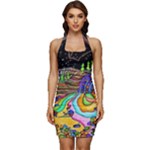 Nature Moon Psychedelic Painting Sleeveless Wide Square Neckline Ruched Bodycon Dress
