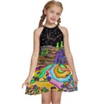 Nature Moon Psychedelic Painting Kids  Halter Collar Waist Tie Chiffon Dress
