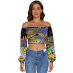 Nature Moon Psychedelic Painting Long Sleeve Crinkled Weave Crop Top