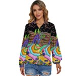 Nature Moon Psychedelic Painting Women s Long Sleeve Button Up Shirt