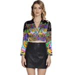 Nature Moon Psychedelic Painting Long Sleeve Tie Back Satin Wrap Top