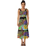 Nature Moon Psychedelic Painting Tie-Strap Tiered Midi Chiffon Dress